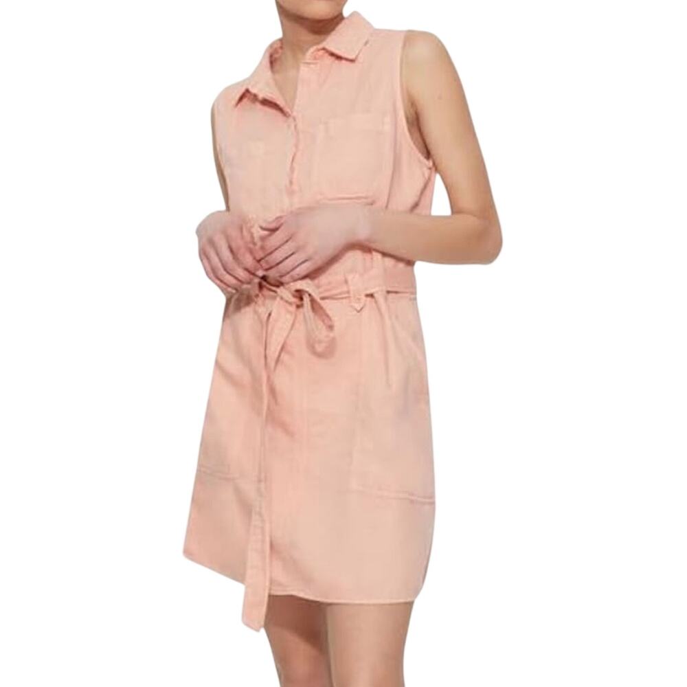 Tencel Coral Belted Shirtdress XS Sleeveless Coastal Grandmother Pockets Resort